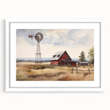 Framed wall art featuring a rustic barn landscape design in a white mat, showcasing earthy tones and serene rural scenery, perfect for home decor.