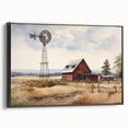 Framed canvas wall art showcasing a picturesque landscape with a rustic barn in a serene setting, featuring vibrant colors and a black frame, perfect for home decor.