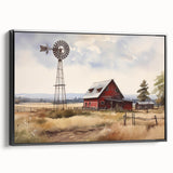 Framed canvas wall art showcasing a picturesque landscape with a rustic barn in a serene setting, featuring vibrant colors and a black frame, perfect for home decor.