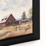 Close-up of a framed canvas wall art piece showcasing a serene landscape with a rustic barn, emphasizing rich colors and intricate details for home decor.