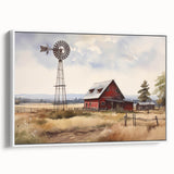 Framed canvas wall art showcasing a serene landscape with a rustic barn set against a vibrant sunset, ideal for enhancing home decor with country charm.