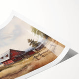 Rustic barn landscape wall art print showcasing vibrant colors and intricate details, ideal for home decor. Rolled canvas design, perfect for framing.