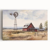 Stretched canvas artwork showcasing a vibrant landscape of a rustic barn surrounded by lush green fields under a clear blue sky, ideal for farmhouse decor.