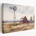 Stretched canvas artwork showcasing a serene landscape with rustic barns set against a vibrant sunset, perfect for enhancing home decor and creating a calming atmosphere.