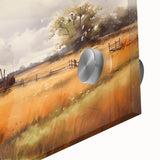 Close-up of a vibrant acrylic glass wall art piece showcasing a beautiful landscape with rustic barns, ideal for home decor enthusiasts seeking nature-inspired designs.
