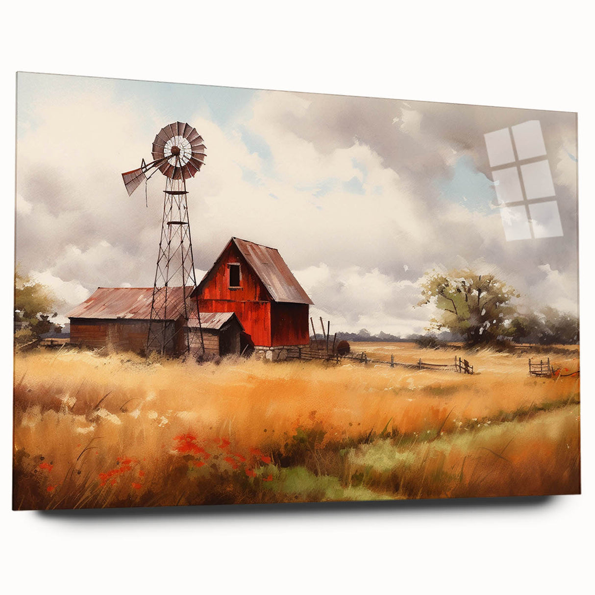Acrylic wall art featuring a vibrant landscape design of rustic barns, displayed from a side view, showcasing its sleek edges and glossy finish, perfect for home decor.