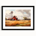 Framed black wall art showcasing a serene landscape with a rustic barn, emphasizing earthy tones and a natural setting, perfect for home decor.
