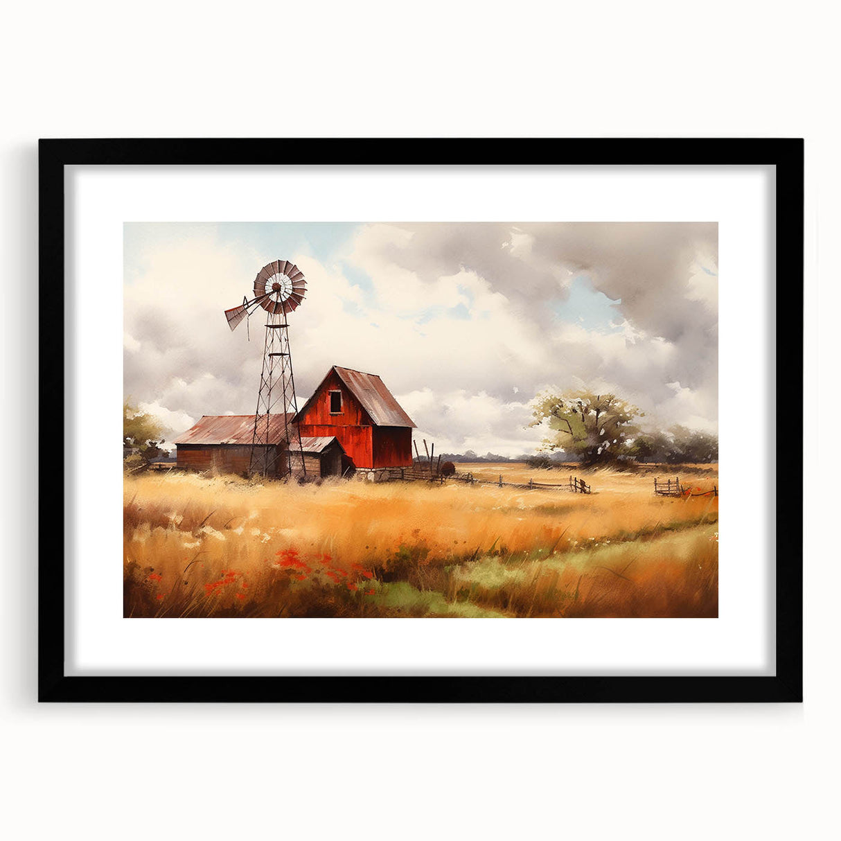 Framed black wall art showcasing a serene landscape with a rustic barn, emphasizing earthy tones and a natural setting, perfect for home decor.