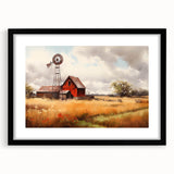 Framed black wall art showcasing a serene landscape with a rustic barn, emphasizing earthy tones and a natural setting, perfect for home decor.