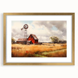 Framed wall art showcasing a scenic landscape with a rustic barn, elegantly matted and accented with a gold frame, perfect for home decor.