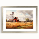 Framed wall art collection showcasing a picturesque landscape with rustic barns, featuring a silver frame and matting, perfect for enhancing home decor.