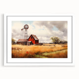 Framed wall art collection showcasing a picturesque landscape of rustic barns, featuring a white mat and sleek frame, perfect for enhancing home decor.