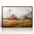 Framed acrylic wall art featuring a picturesque landscape of rustic barns, showcasing vibrant colors and intricate details, perfect for enhancing home decor.