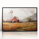 Framed acrylic wall art featuring a picturesque landscape of rustic barns, showcasing vibrant colors and intricate details, perfect for enhancing home decor.