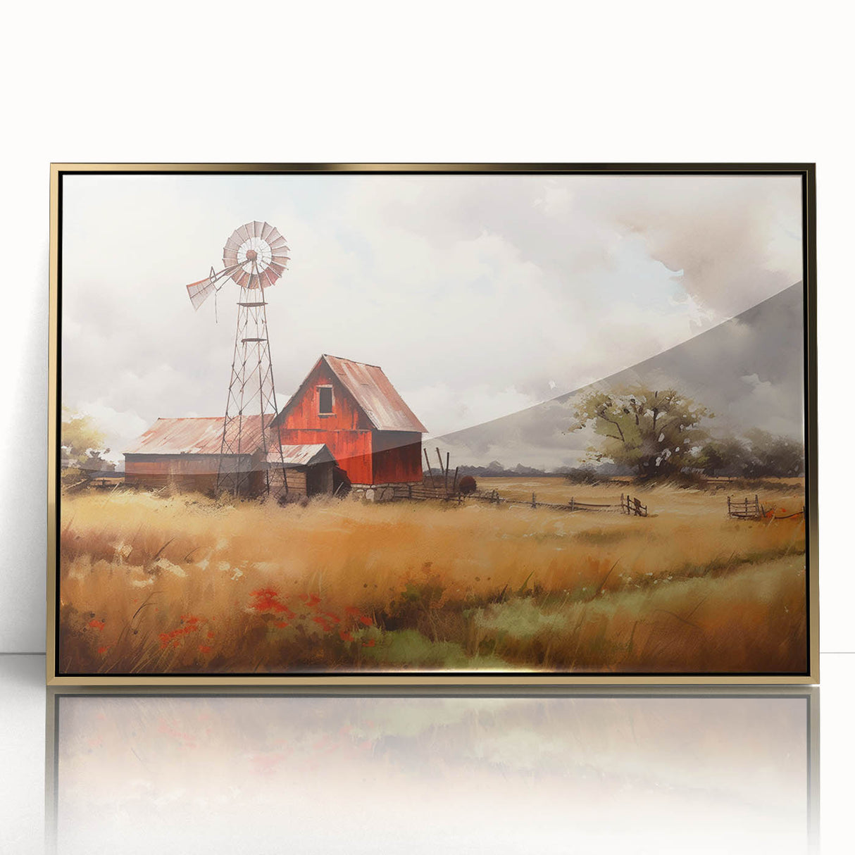 Framed acrylic wall art featuring a stunning landscape of a rustic barn, highlighted with gold accents, perfect for enhancing home decor and adding a touch of elegance.