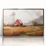 Framed acrylic wall art showcasing a serene landscape with rustic barns, elegant silver accents, perfect for enhancing home decor and adding charm to any room.