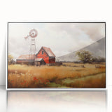 Framed acrylic wall art showcasing a serene landscape with rustic barns, vibrant colors, and a white frame, perfect for enhancing home decor in a cozy setting.
