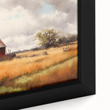 Framed canvas wall art showcasing a vibrant landscape of rustic barns surrounded by lush greenery, emphasizing warm colors and intricate details, perfect for home decor.