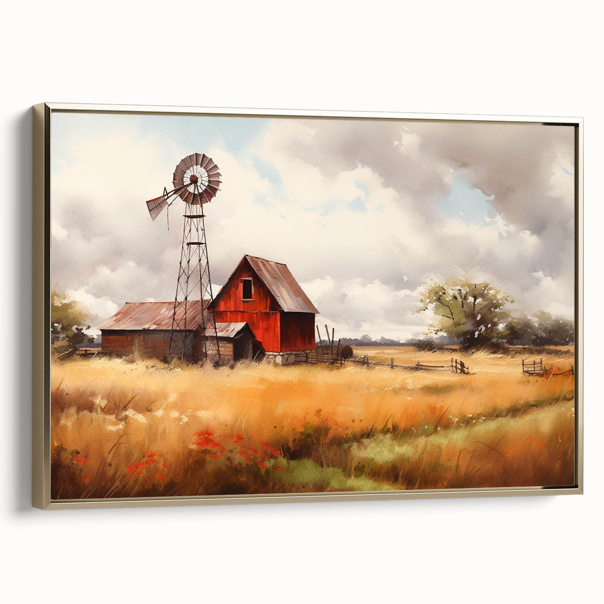 Framed canvas wall art depicting a rustic barn landscape with golden accents, showcasing a serene rural scene perfect for home decor.