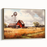 Framed canvas wall art depicting a rustic barn landscape with golden accents, showcasing a serene rural scene perfect for home decor.