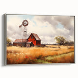 Framed canvas wall art showcasing a serene landscape of a rustic barn in a silver frame, enhancing home decor with its tranquil colors and detailed design. Perfect for nature lovers.