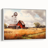 Framed canvas wall art depicting a serene landscape with a rustic barn, showcasing earthy tones and natural scenery, ideal for home decor and artistic ambiance.