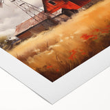 Rolled canvas showcasing a serene landscape with a rustic barn, vibrant green fields, and a clear blue sky, perfect for enhancing home decor with rural charm.