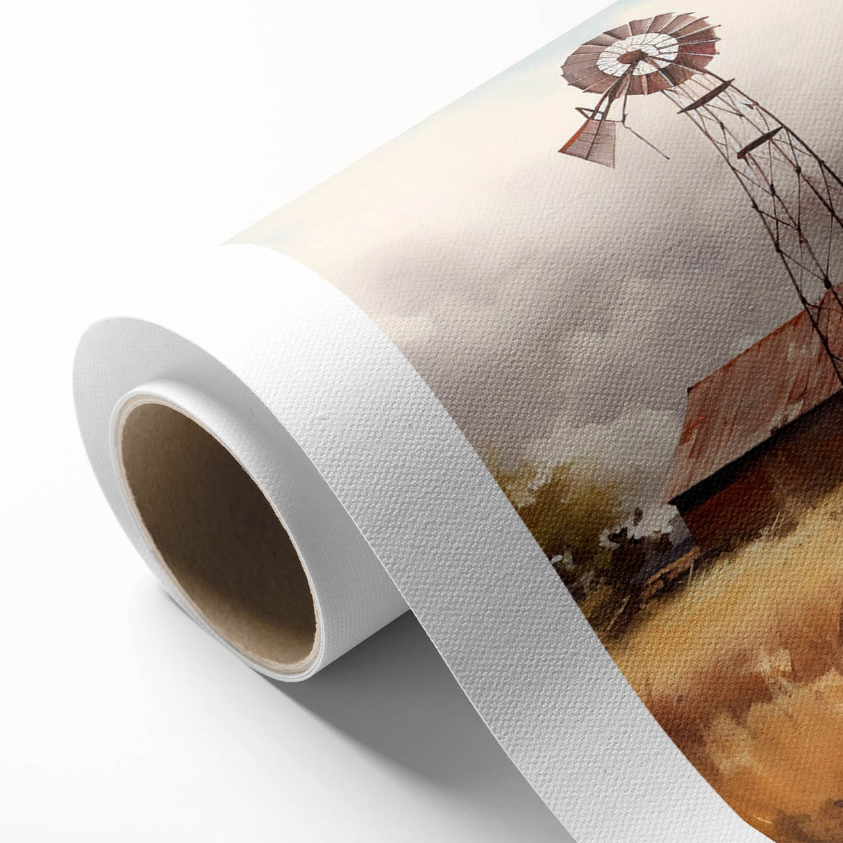 Rolled canvas artwork showcasing a serene landscape with a rustic barn amid lush green fields and a vibrant blue sky, ideal for home decor or art collection.