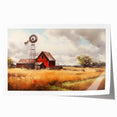 Rustic barn landscape wall art print showcasing a serene countryside scene with vibrant green fields and a dramatic sky, rolled for easy framing and display.
