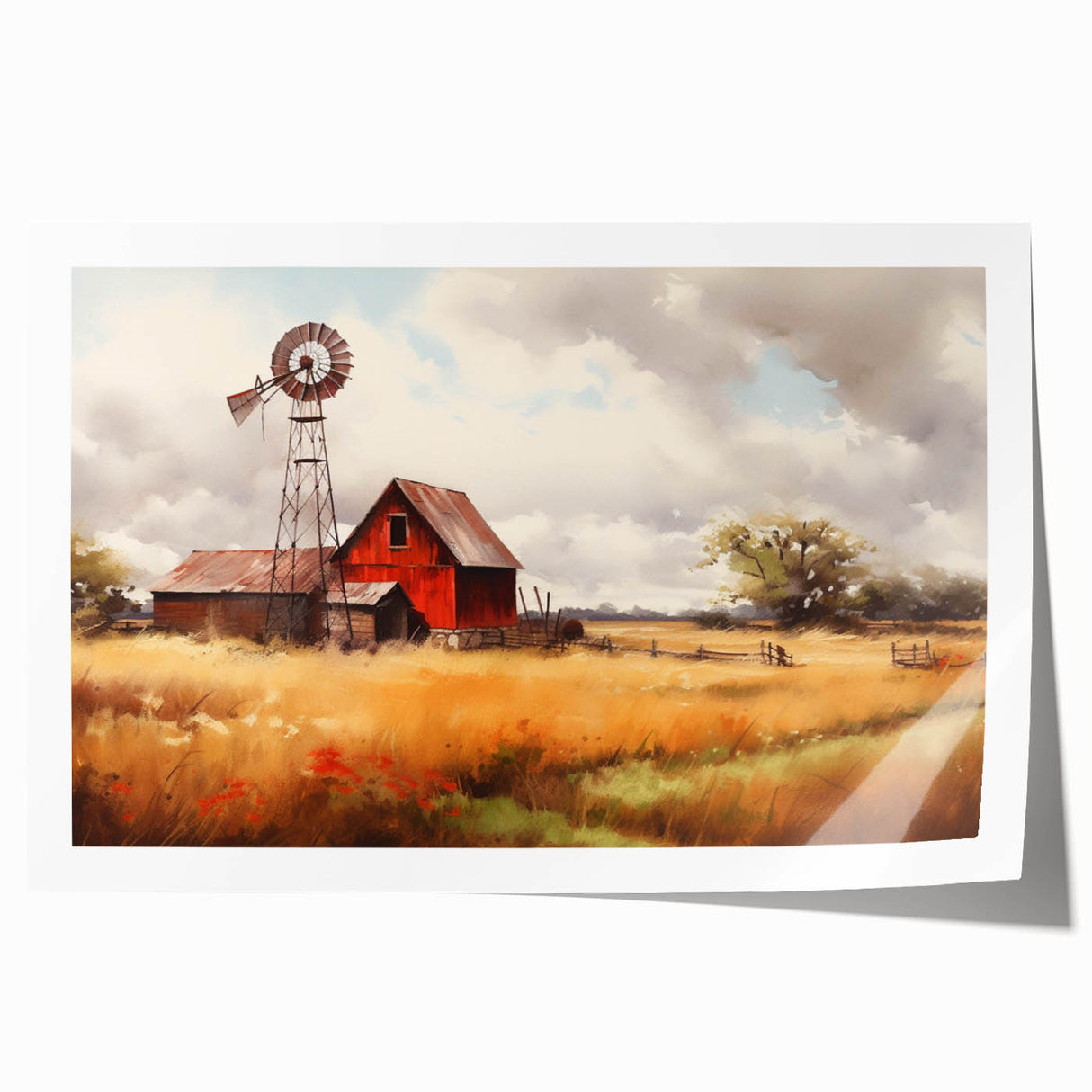 Rustic barn landscape wall art print showcasing a serene countryside scene with vibrant green fields and a dramatic sky, rolled for easy framing and display.