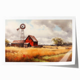Rustic barn landscape wall art print showcasing a serene countryside scene with vibrant green fields and a dramatic sky, rolled for easy framing and display.