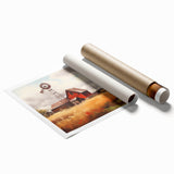 Rolled print of a serene landscape featuring a rustic barn surrounded by lush greenery, showcasing vibrant colors and detailed textures, ideal for home decor.