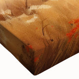 Close-up of a stretched canvas artwork depicting a serene landscape with a rustic barn, vibrant green fields, and a clear blue sky, perfect for home decor.