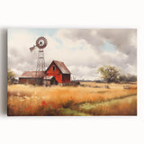 Stretched canvas wall art showcasing a vibrant landscape with a rustic barn under a blue sky, perfect for farmhouse decor and enhancing interior spaces.