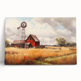 Stretched canvas wall art depicting a serene landscape with a rustic barn, featuring vibrant colors and soft textures, perfect for enhancing home decor.
