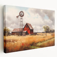 Stretched canvas wall art showcasing a picturesque landscape with a rustic barn, featuring vibrant colors and detailed textures, ideal for home decor accents.