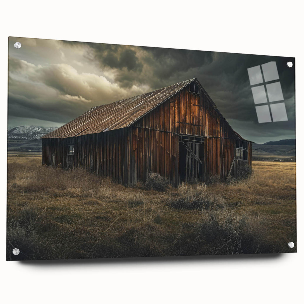 Acrylic glass wall art showcasing a vibrant landscape with rustic barns, highlighting intricate details and vivid colors, perfect for enhancing home decor.