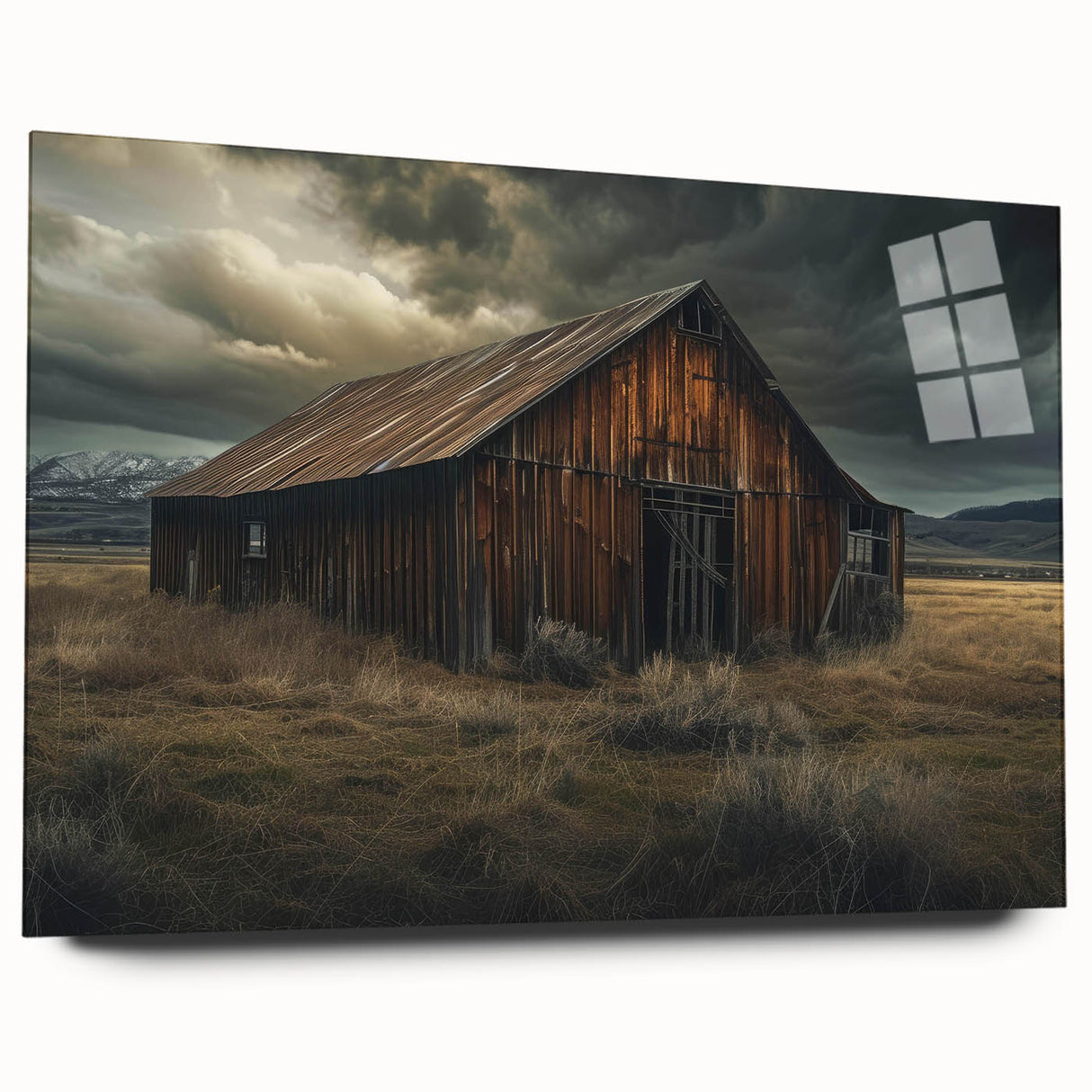 Side view of a vibrant acrylic wall art piece showcasing a serene barn landscape, designed for modern home decor, highlighting rich colors and intricate details.