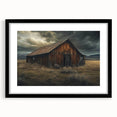 Framed black wall art showcasing a serene landscape of rustic barns, featuring a sleek mat design for an elegant presentation, ideal for home decor.