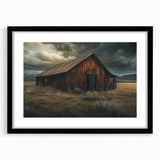 Framed black wall art showcasing a serene landscape of rustic barns, featuring a sleek mat design for an elegant presentation, ideal for home decor.