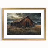 Elegant framed wall art showcasing a picturesque landscape with a rustic barn, highlighted by a gold mat. Perfect for enhancing home décor with a touch of nature's beauty.