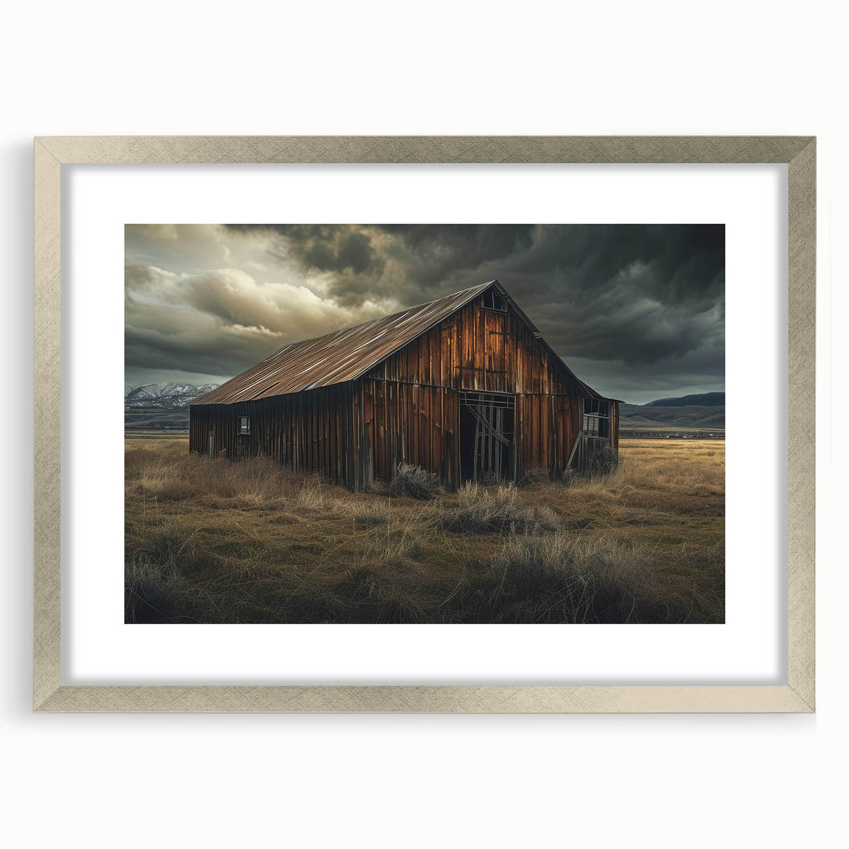 Framed wall art featuring a serene barn landscape design, elegantly presented with a silver mat and frame. Ideal for enhancing home decor with rustic charm.