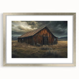 Framed wall art featuring a serene barn landscape design, elegantly presented with a silver mat and frame. Ideal for enhancing home decor with rustic charm.