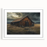 Framed wall art collection showcasing a serene landscape of rustic barns, set against a tranquil sky, featuring a white mat for an elegant presentation.