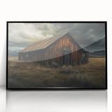 Framed wall art showcasing a rustic barn landscape with vibrant colors and intricate details, set in a sleek black frame, ideal for home decor.