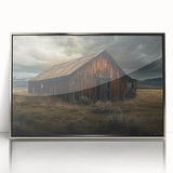 Framed wall art featuring a scenic landscape with rustic barns, set in a silver frame, showcasing vibrant colors and textures for a stunning home decor accent.