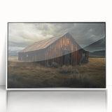 Framed wall art featuring a picturesque landscape of rustic barns under a vibrant sky, showcasing warm hues and detailed textures, ideal for enhancing home decor.