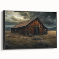 Framed canvas wall art depicting a serene landscape with barn structures, featuring a black frame and side view, perfect for home decor and rustic themes.