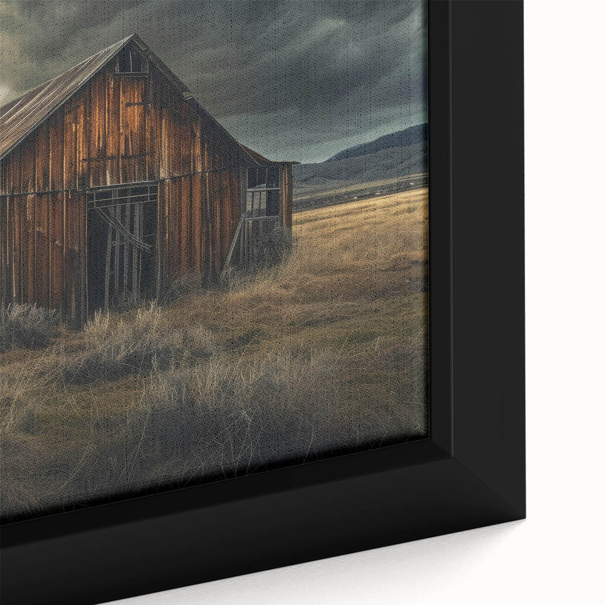 Close-up of a framed canvas wall art piece featuring a serene landscape with rustic barns, vibrant colors, and intricate details, perfect for home decor.