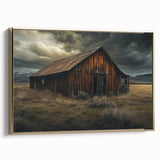 Framed canvas wall art depicting a scenic landscape with rustic barns under a vibrant sky, featuring a gold frame for an elegant touch, ideal for home decor.